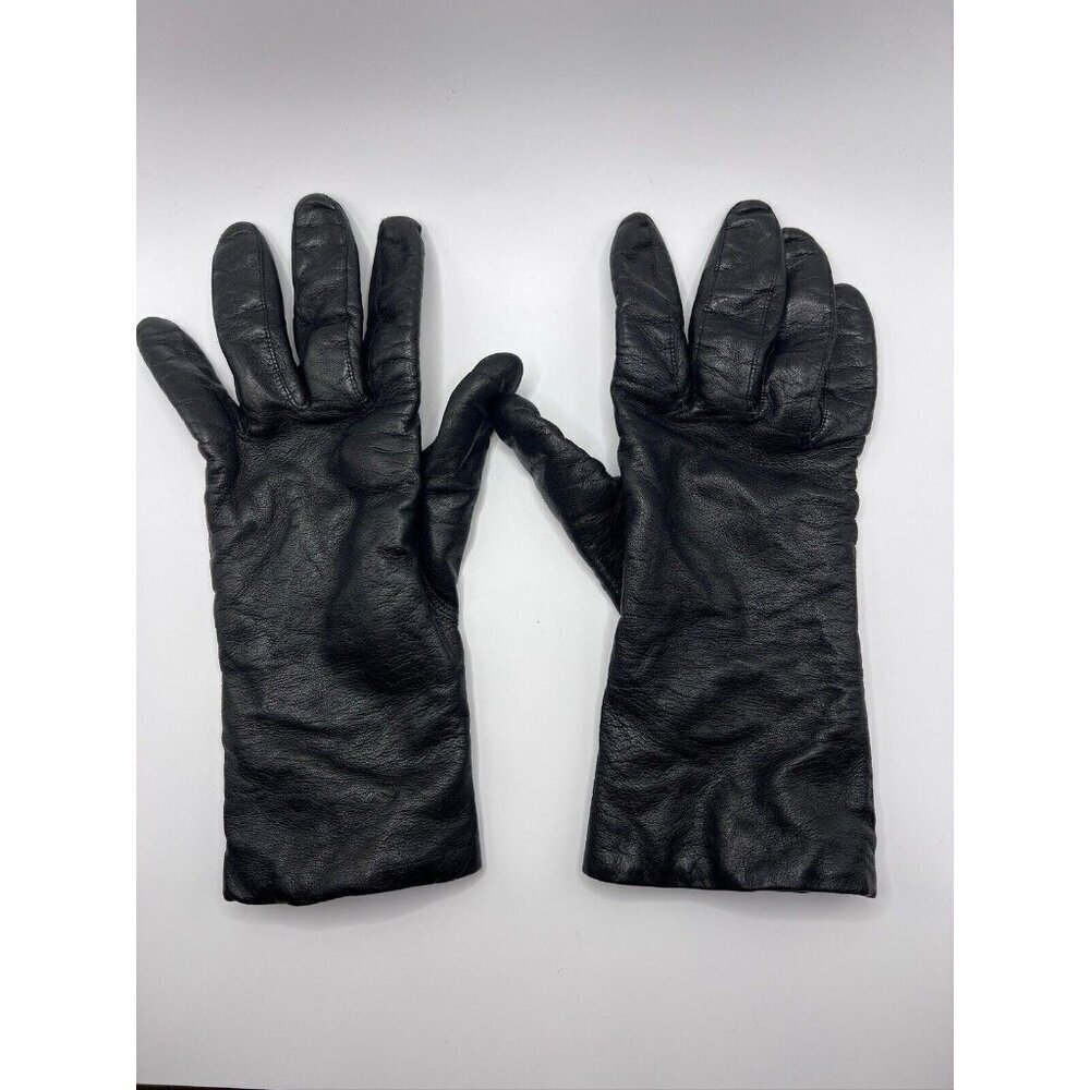 Black Vintage High Leather Gloves Cashmere Lined Size 8 - Picture 2 of 7